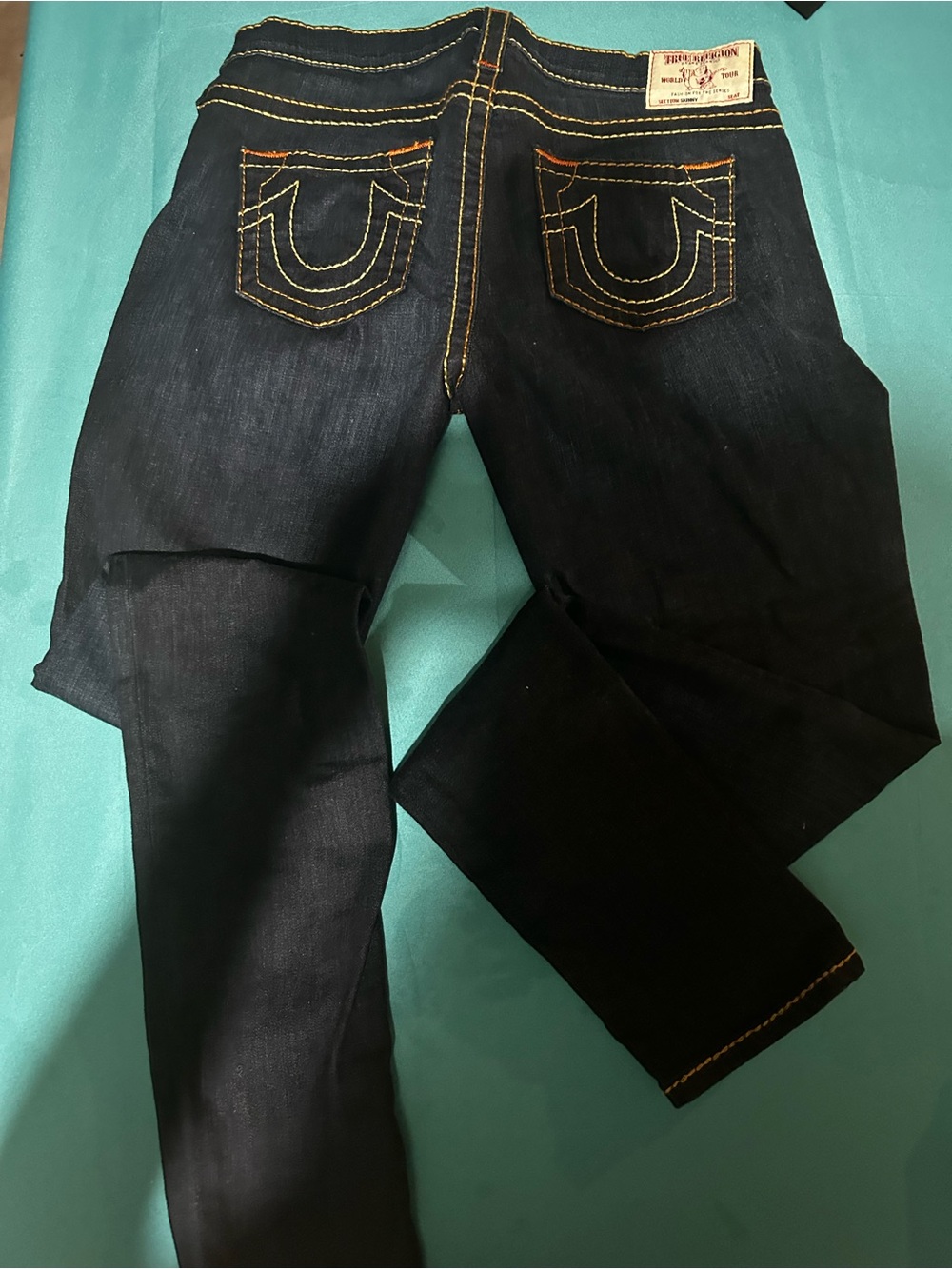 True Religion Indigo Denim Jeans with Yellow/red Contrast Stitching